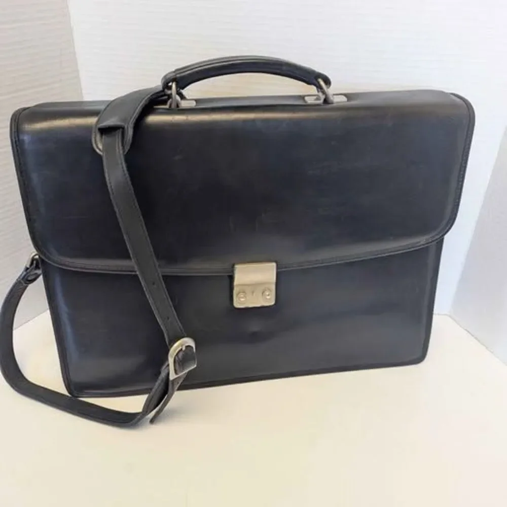 Vintage Amiet Black Leather Crossbody Messenger Briefcase Book Bag 16x12x4